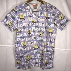 Scrub Top Spongebob Nickelodeon Medical Nurse Lavender Flowers Size XS